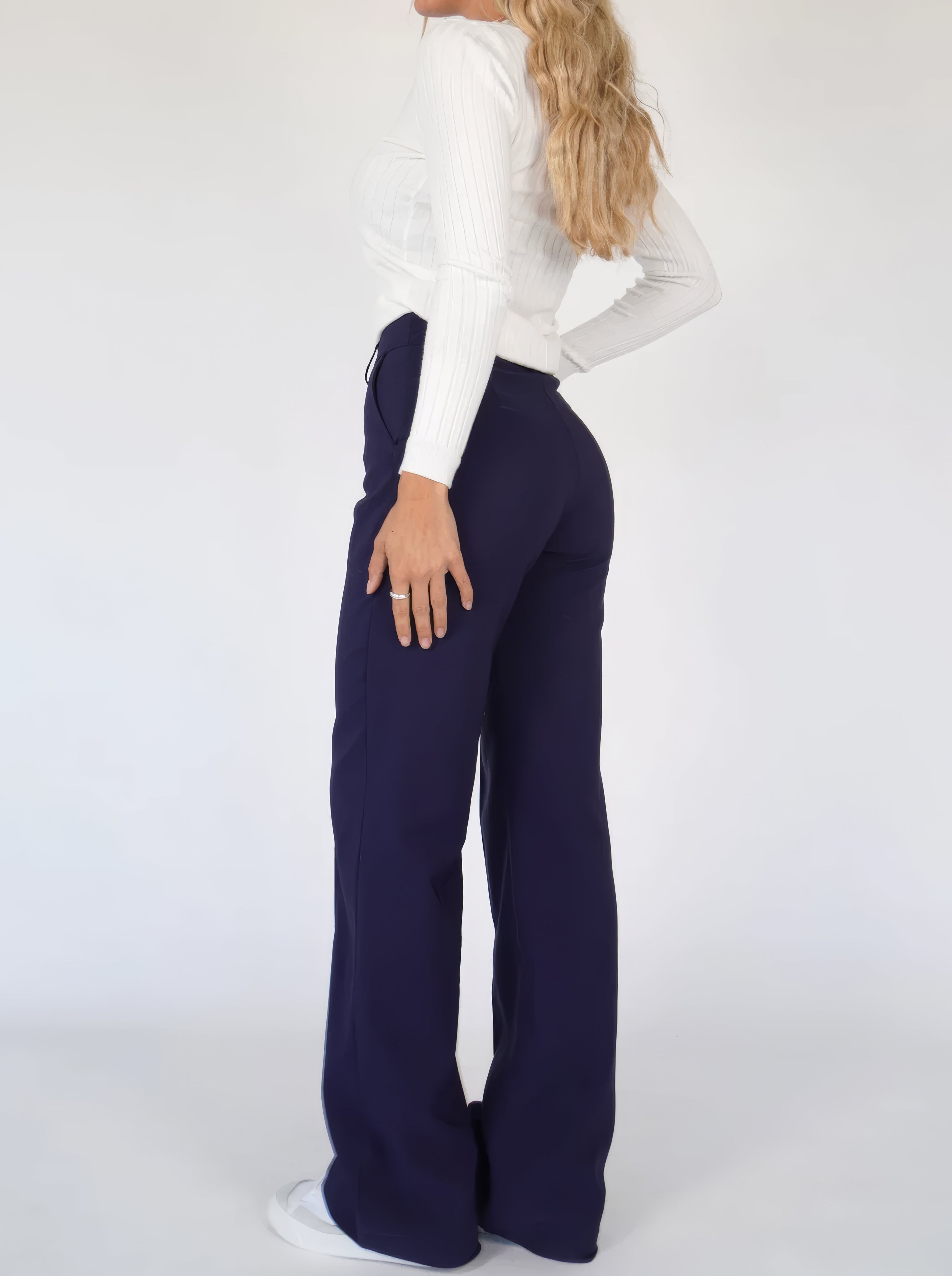 Navy relaxed wide-leg trousers with high waist and wide, straight-leg shape