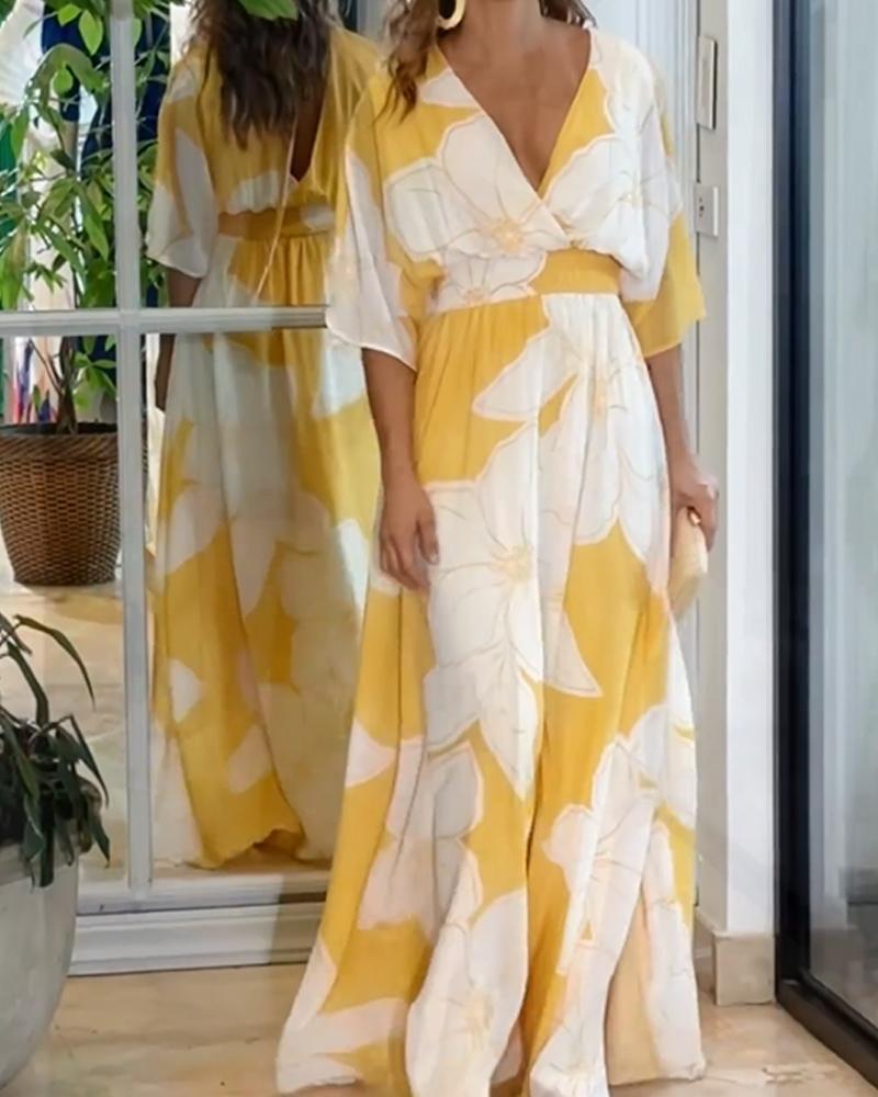 Yellow and white floral maxi dress, V-neck and gathered waist, 3/4 sleeves