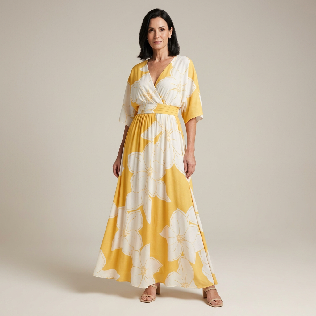 Yellow floral print fitted dress with V-neck, elastic waist, kimono sleeves