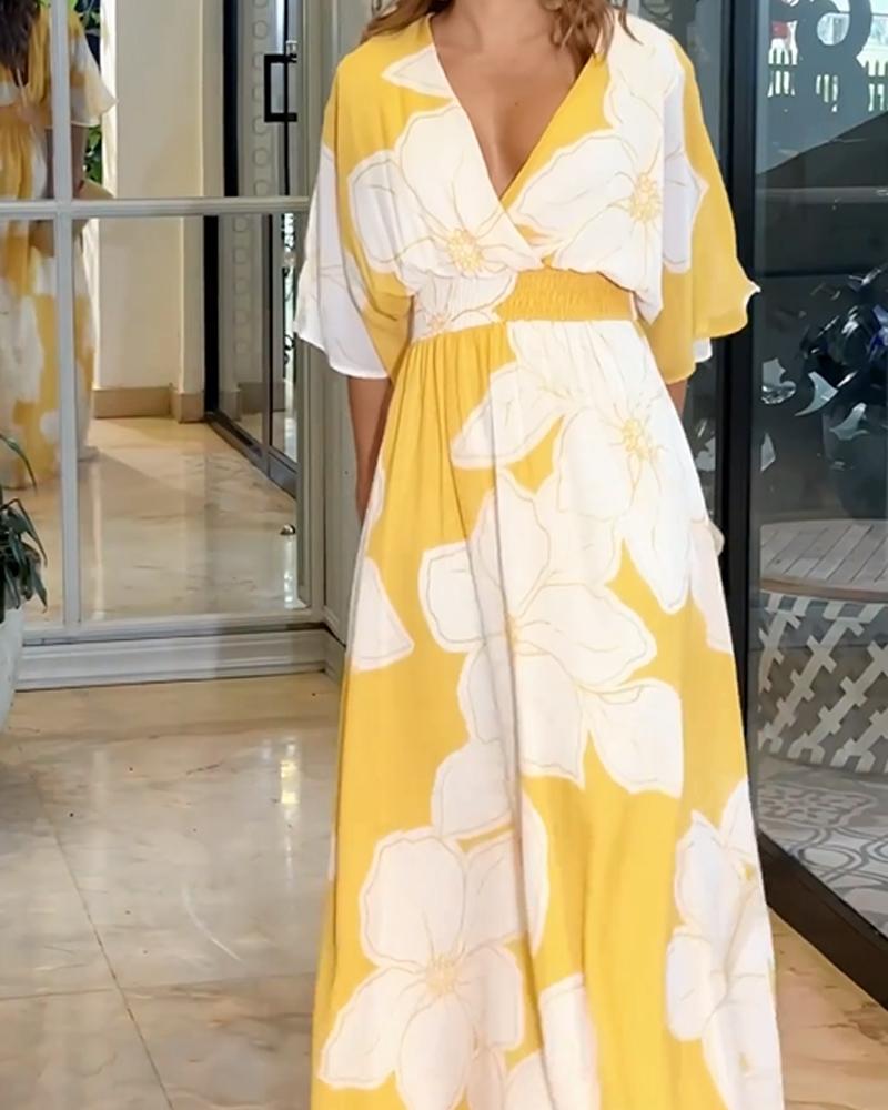Yellow V-neck floral maxi dress with gathered waist and three-quarter sleeves