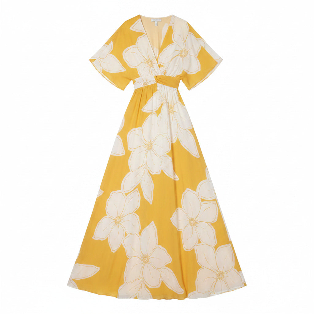 Yellow floral print fitted occasion dress with short sleeves and V-neck
