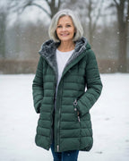 Dark green fleece-lined puffer coat with full-zip front and hood.
