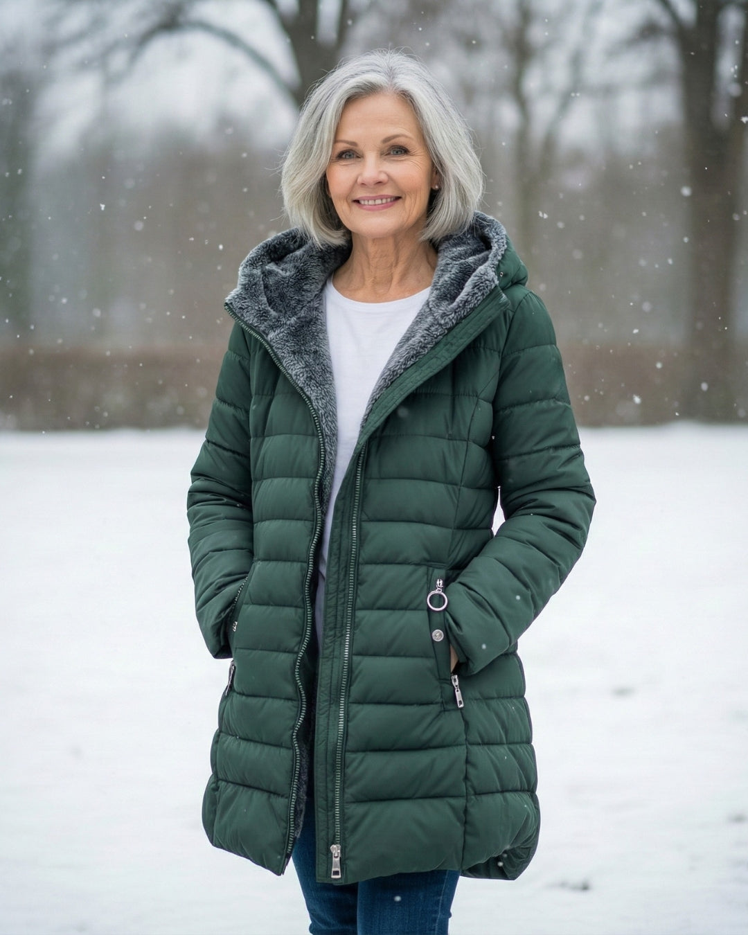 Dark green fleece-lined puffer coat with full-zip front and hood.