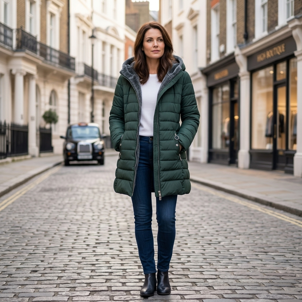 Dark green quilted puffer coat with fleece-lined hood, front zipper, and side pockets