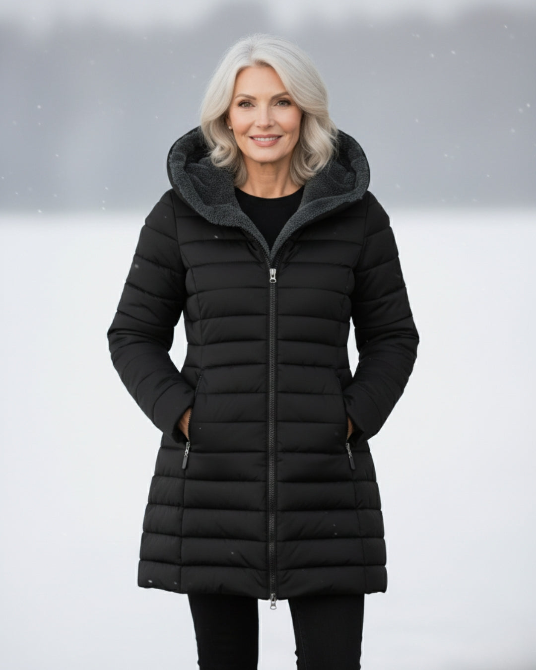 Black fleece-lined puffer coat with hood and zip front, side pockets.