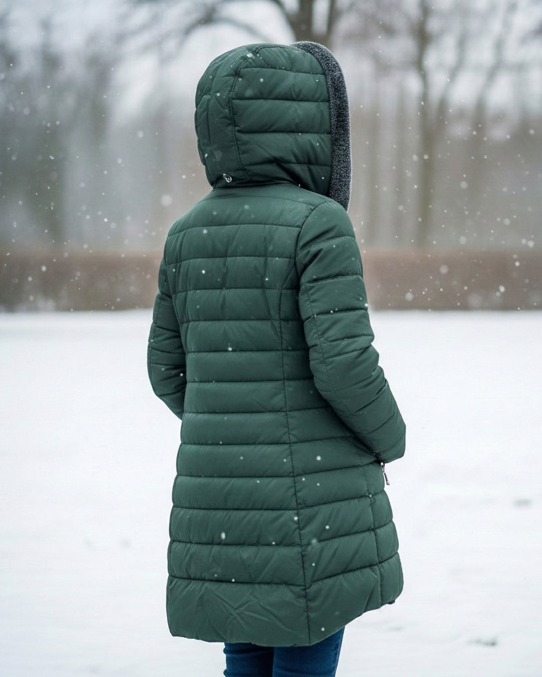 Dark green fleece-lined puffer coat from the back with padded hood and quilted panels.
