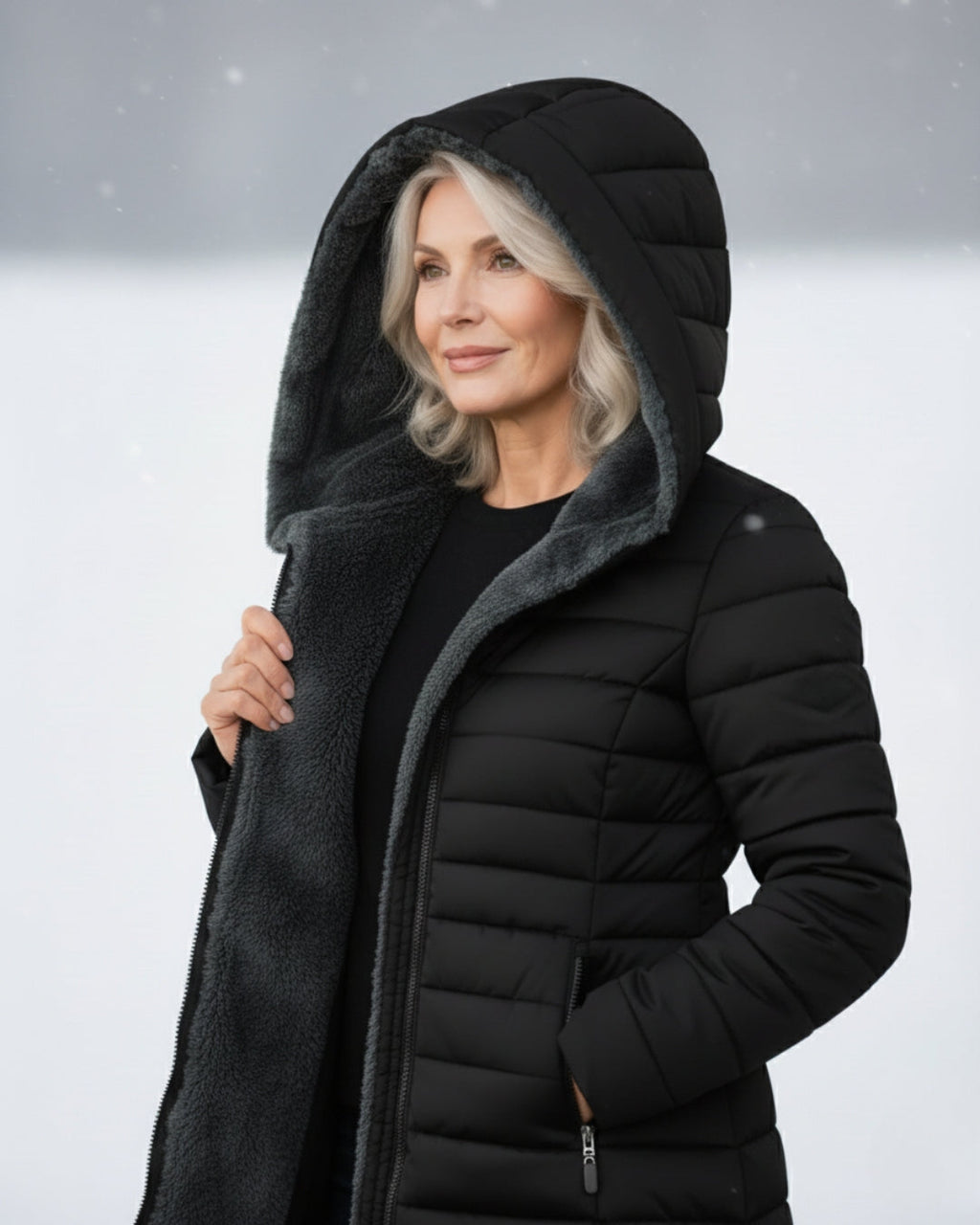 Black fleece-lined puffer coat with gray hood lining, full-zip front, and side pocket.