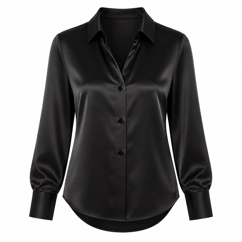 Women's black satin button-front blouse with long sleeves and soft collar
