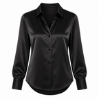 Women's black satin button-front blouse with long sleeves and soft collar