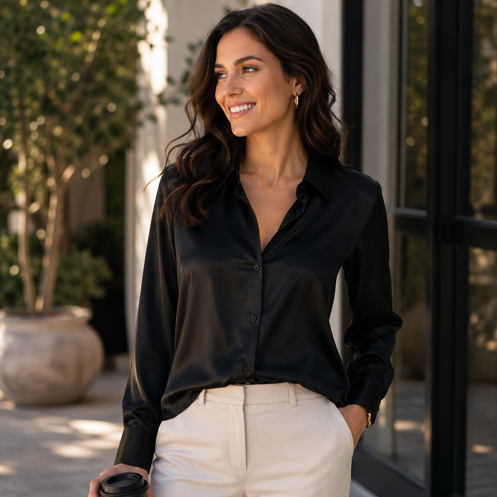 Women’s black satin long-sleeve button-front blouse with soft collar, regular fit