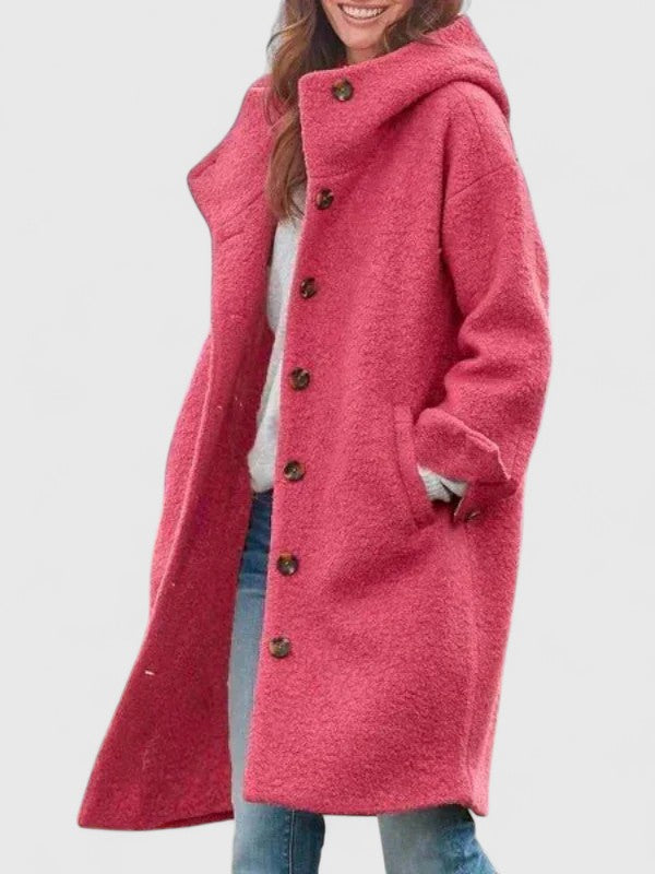 Pink hooded long-sleeve coat with button-front closure