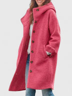 Pink hooded long-sleeve coat with button-front closure