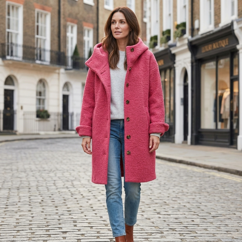 Women's hooded long pink coat with button front and side pockets, relaxed fit