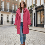 Women's hooded long pink coat with button front and side pockets, relaxed fit