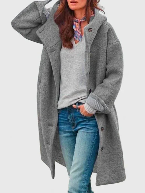 Gray hooded long-sleeve coat with button-front closure