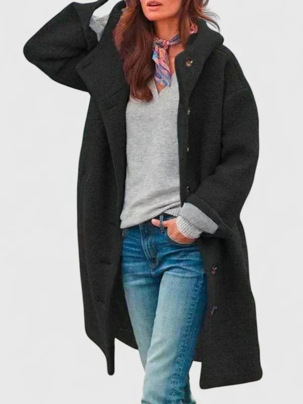 Black hooded long-sleeve coat with button-front closure