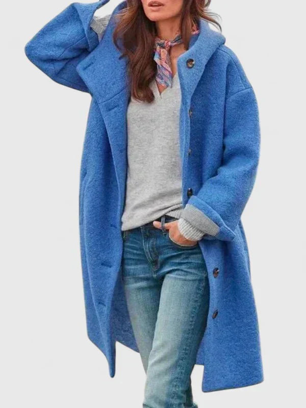 Blue hooded long-sleeve coat with button-front closure