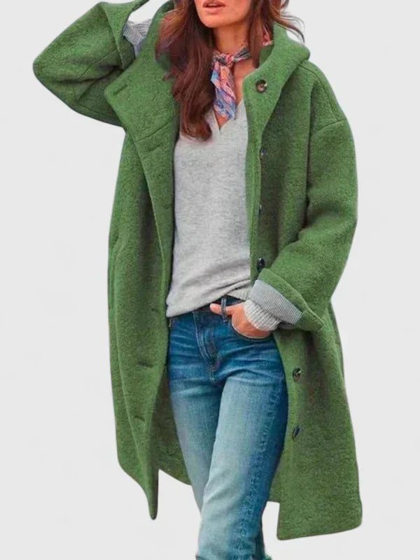 Green hooded long-sleeve coat with button-front closure