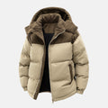 Khaki puffer jacket with hood, quilted insulation, and full front zipper