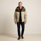 Men's hooded puffer jacket in khaki with zip front, stand collar, and two front pockets