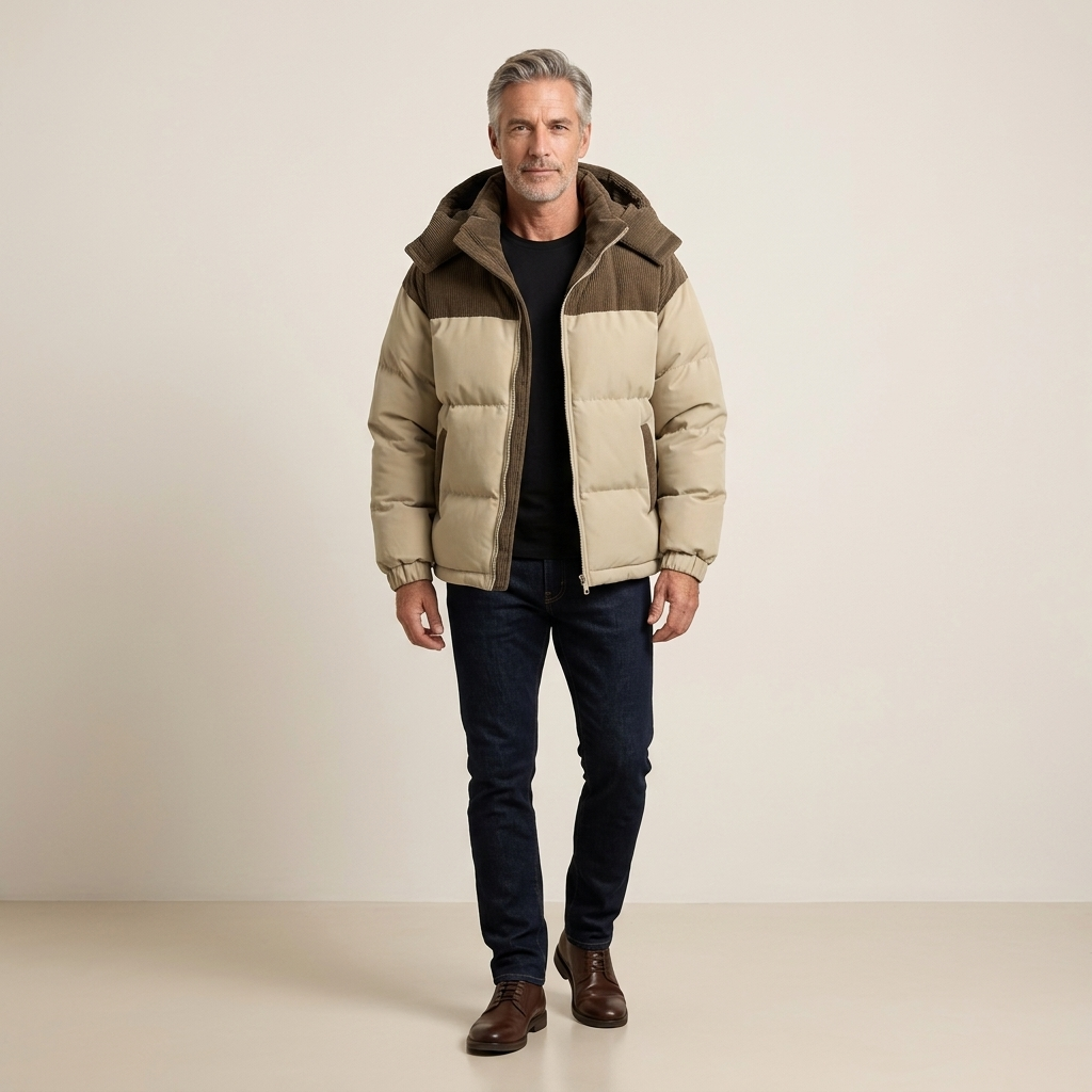 Men's hooded puffer jacket in khaki with zip front, stand collar, and two front pockets