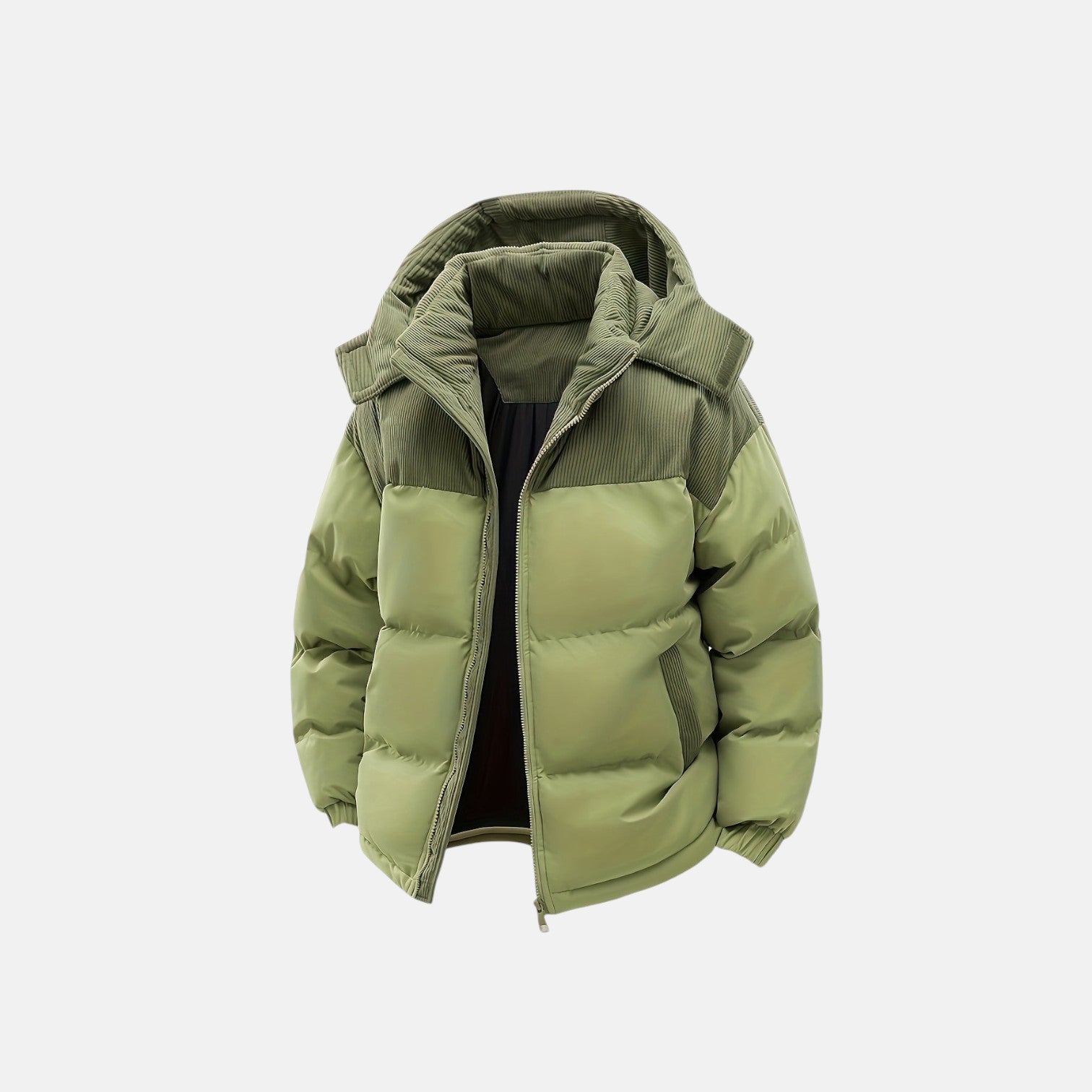 Green puffer jacket with hood, quilted insulation, and full front zipper