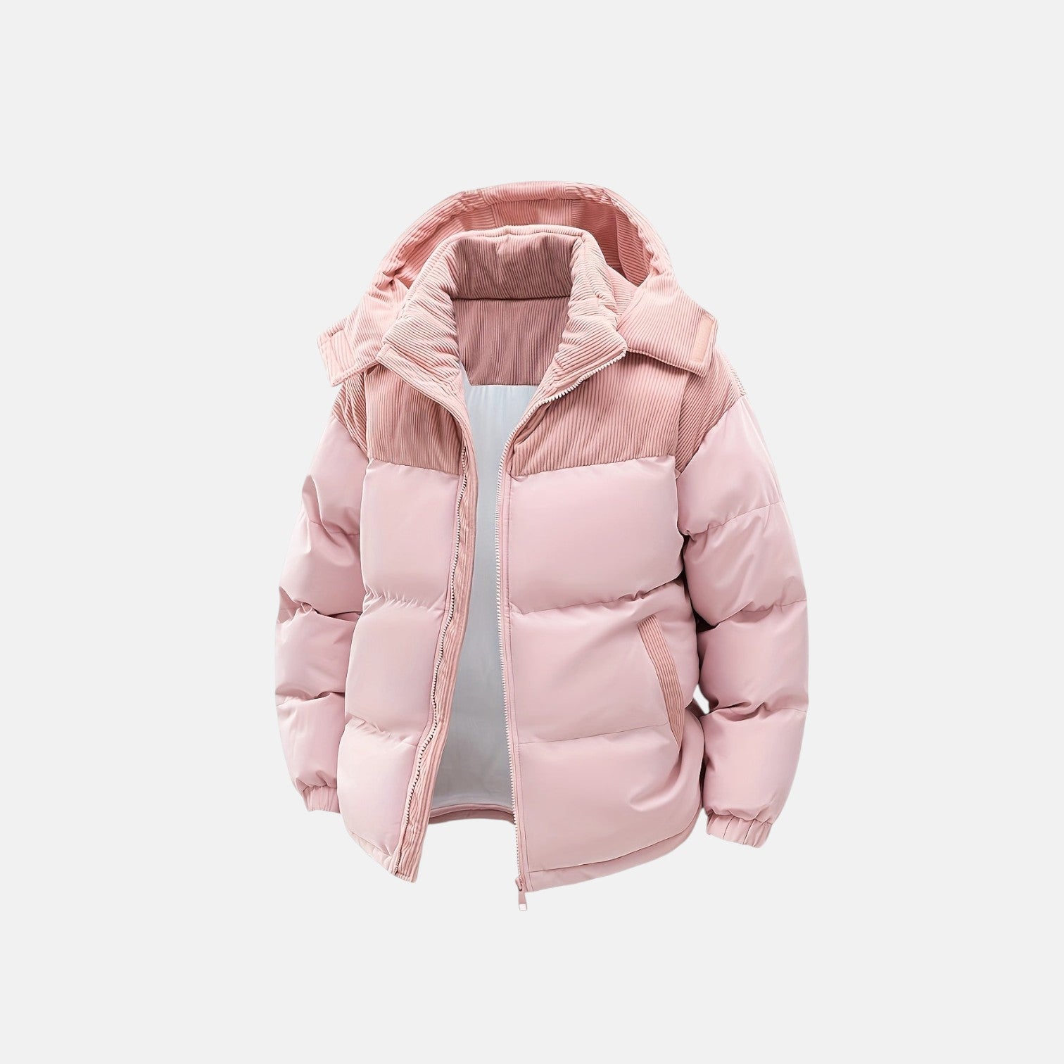 Pink puffer jacket with hood, quilted insulation, and full front zipper