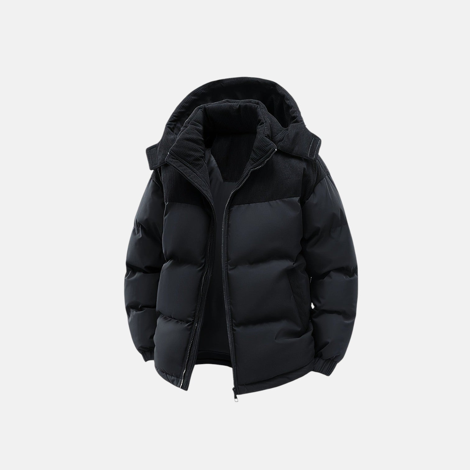 Black puffer jacket with hood and quilted insulation, full front zipper