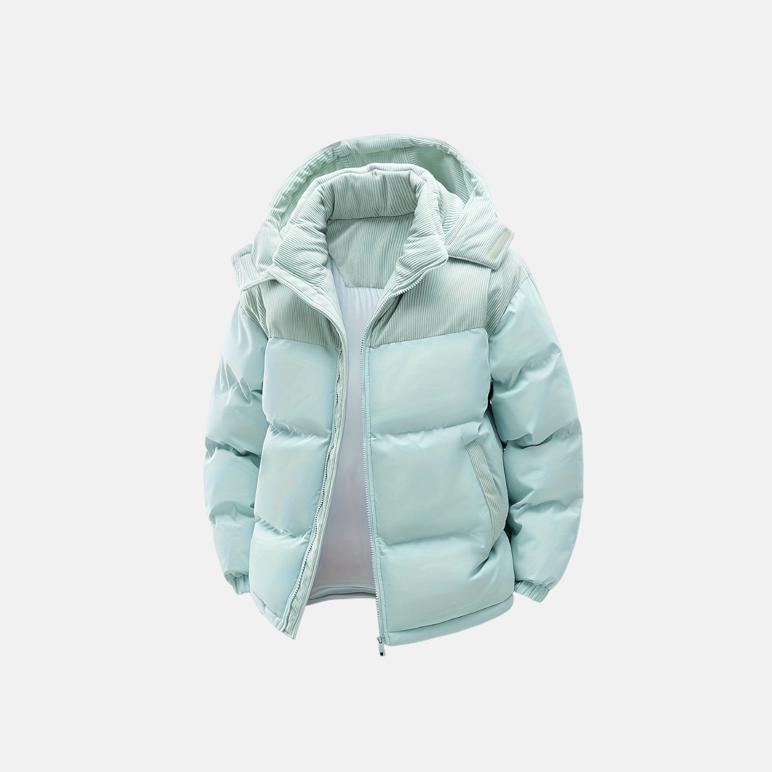 Light mint puffer jacket with hood and quilted insulation, full front zipper