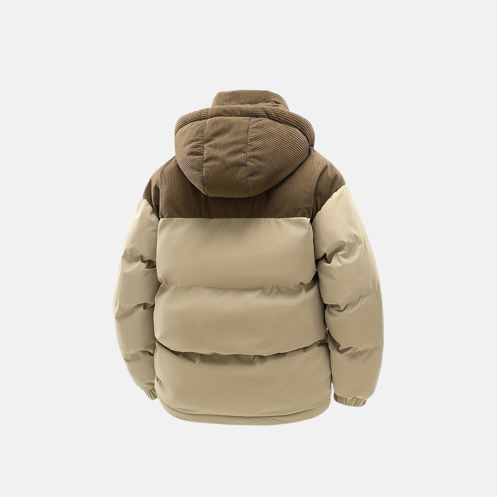 Tan puffer jacket with attached hood and quilted insulation, back view