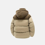 Tan puffer jacket with attached hood and quilted insulation, back view