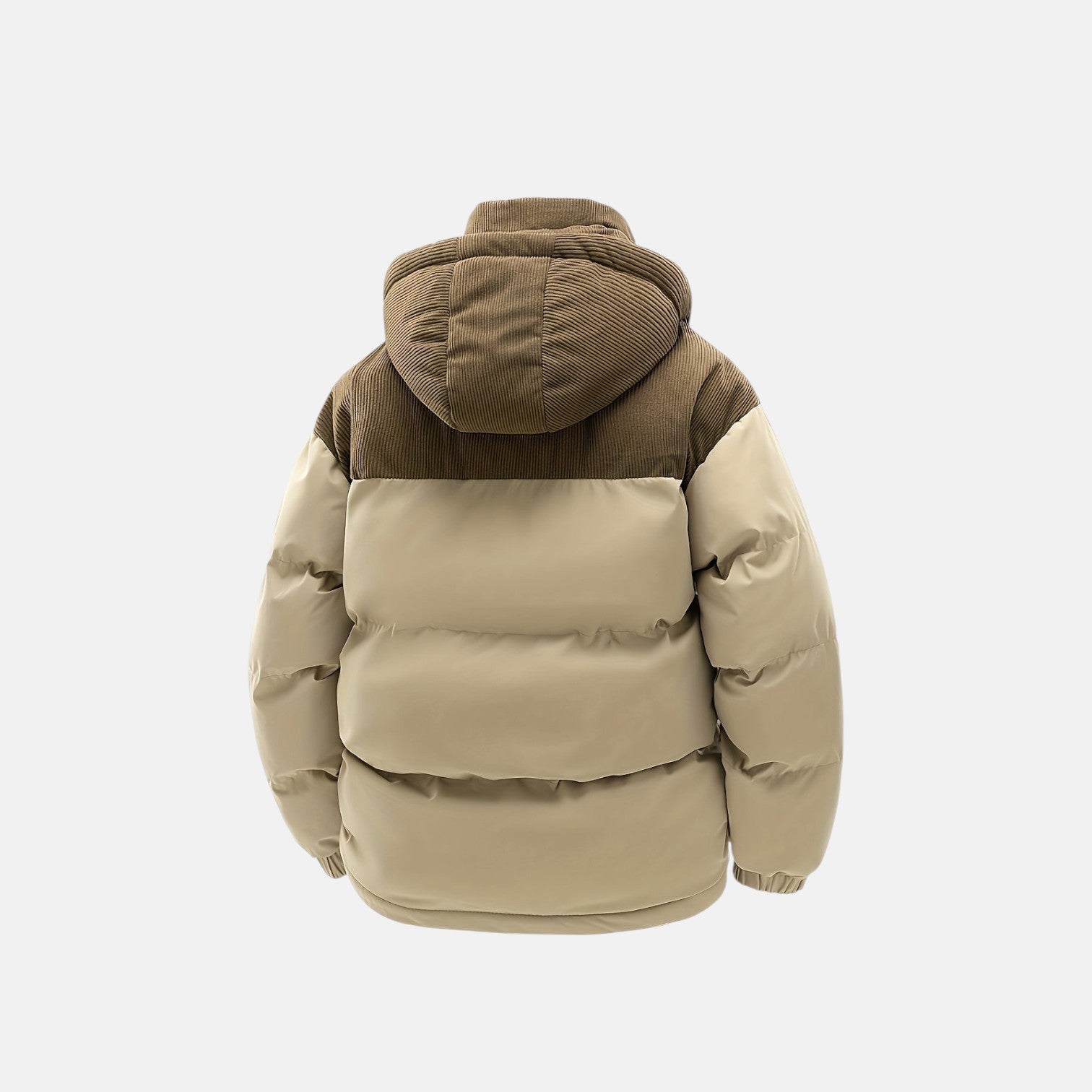 Tan puffer jacket with attached hood and quilted insulation, back view