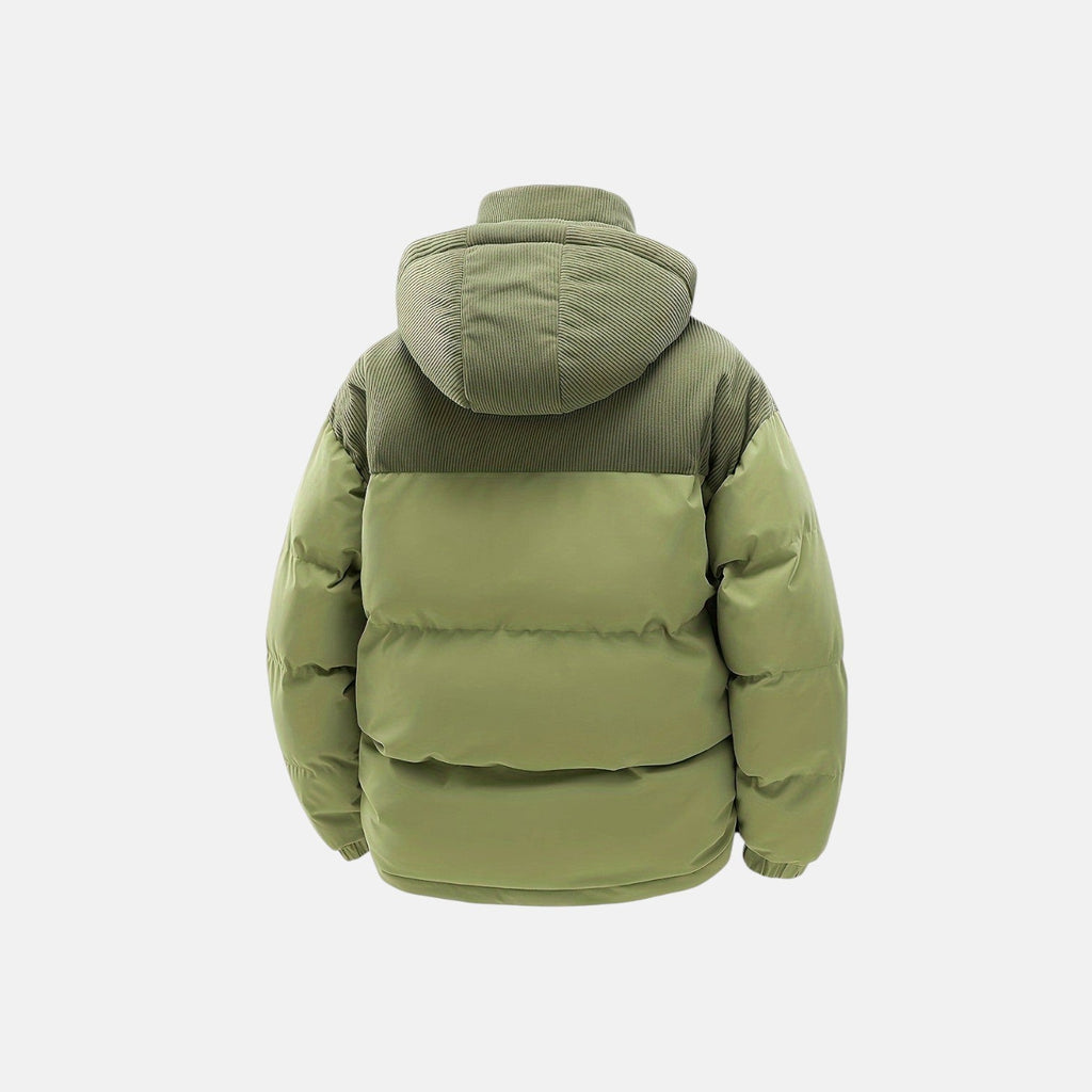 Olive green puffer jacket with attached hood and quilted insulation, back view