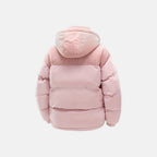 Pink puffer jacket with attached hood and quilted insulation, back view