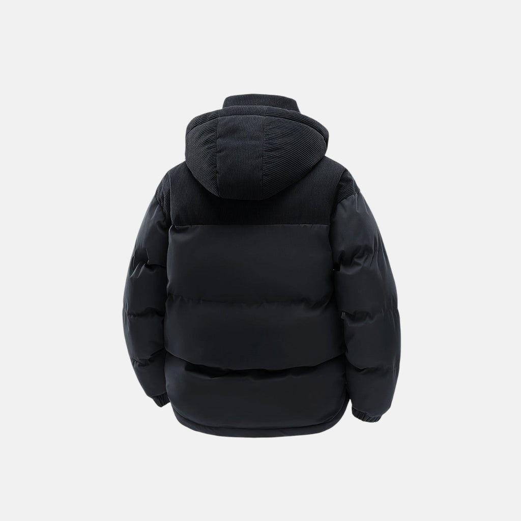 Black puffer jacket with attached hood and quilted insulation, back view
