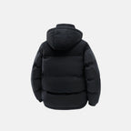Black puffer jacket with attached hood and quilted insulation, back view
