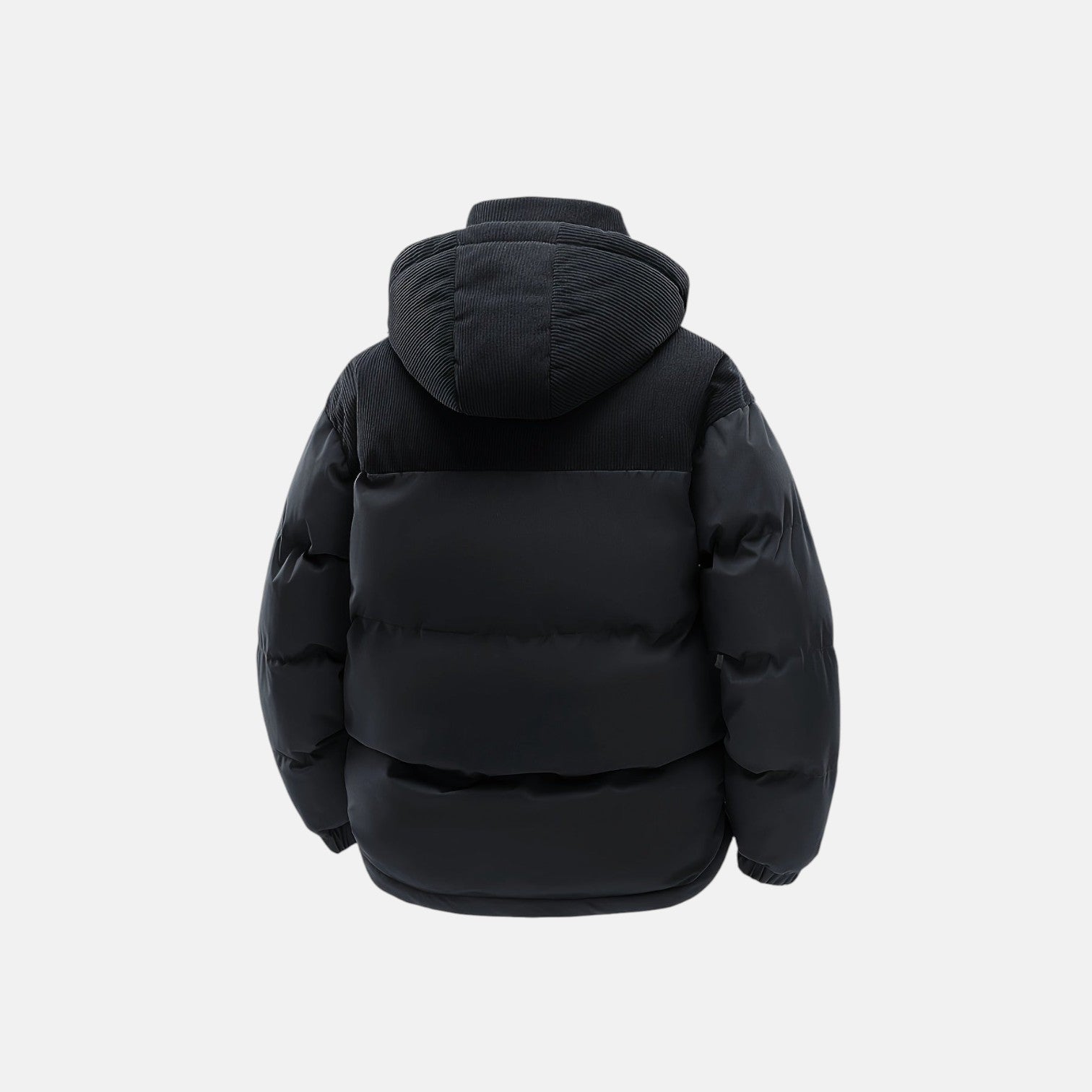 Black puffer jacket with attached hood and quilted insulation, back view