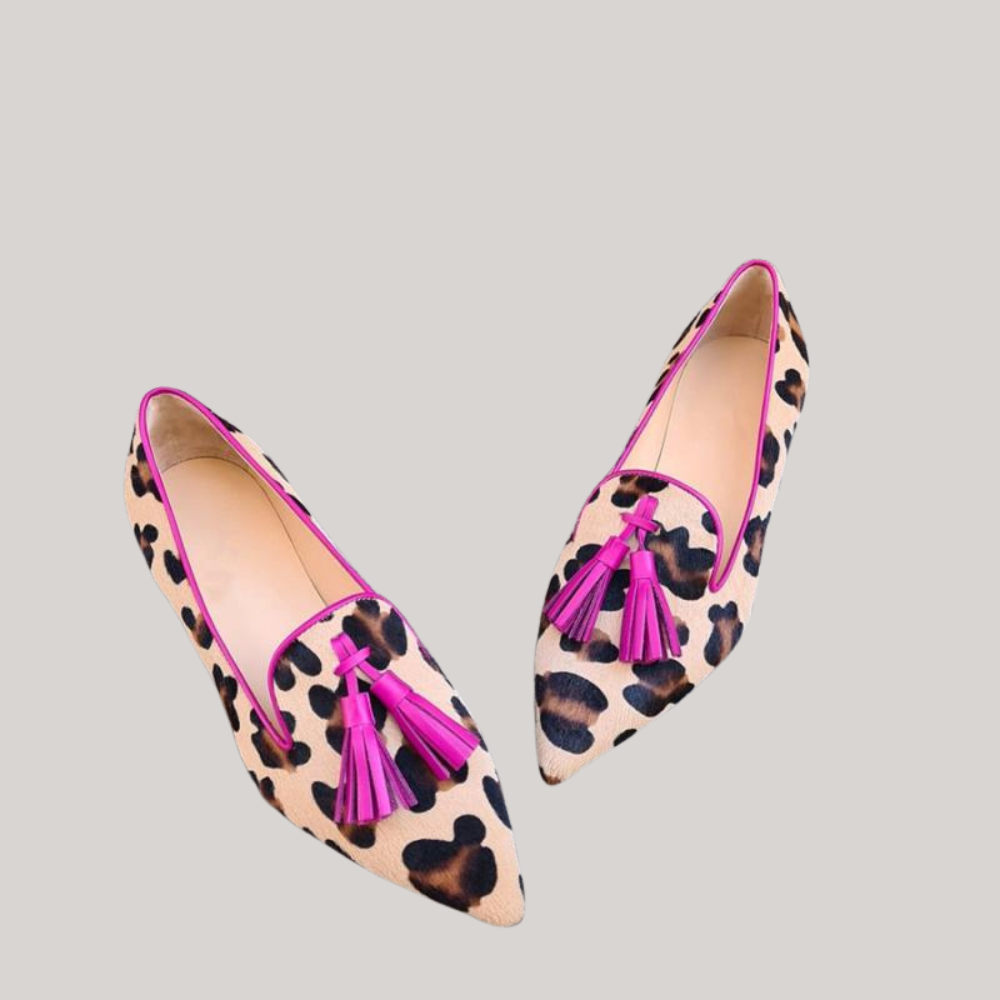 Women’s leopard leather moccasins with pink tassel trim