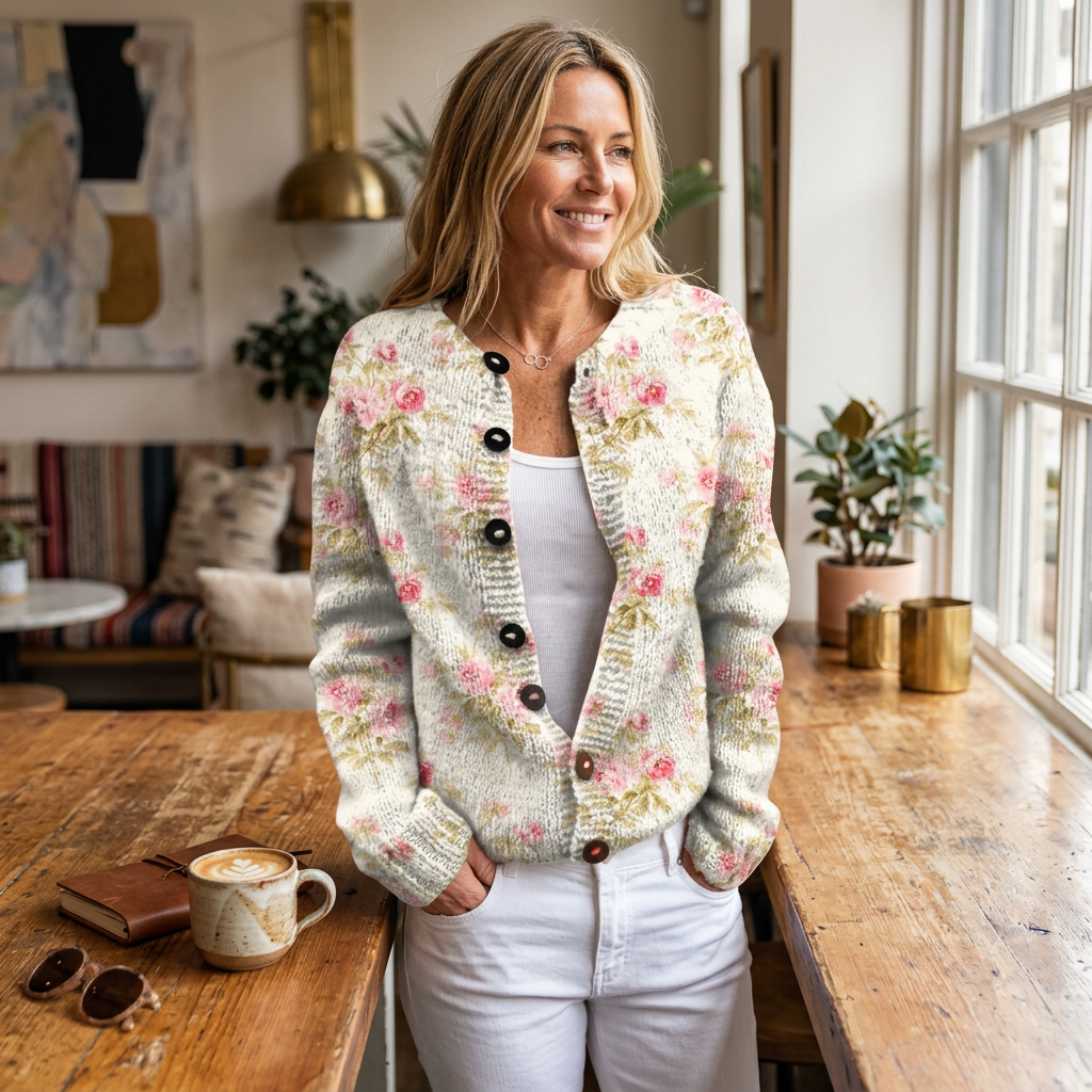 Women’s knit cardigan, open front with brown buttons and multicolor floral print