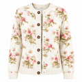 Cream knit cardigan with multicolor floral pattern, open placket and brown button front
