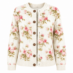 Cream knit cardigan with multicolor floral pattern, open placket and brown button front