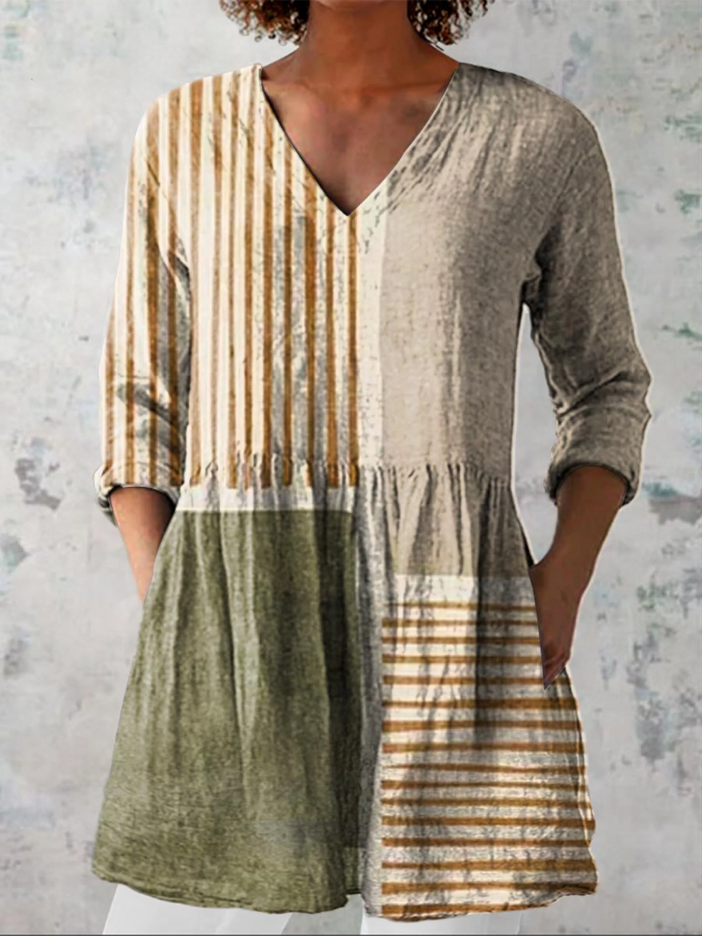 Women's Long Lightweight V-Neck Drapey Blouse Fluid Relaxed Fit
