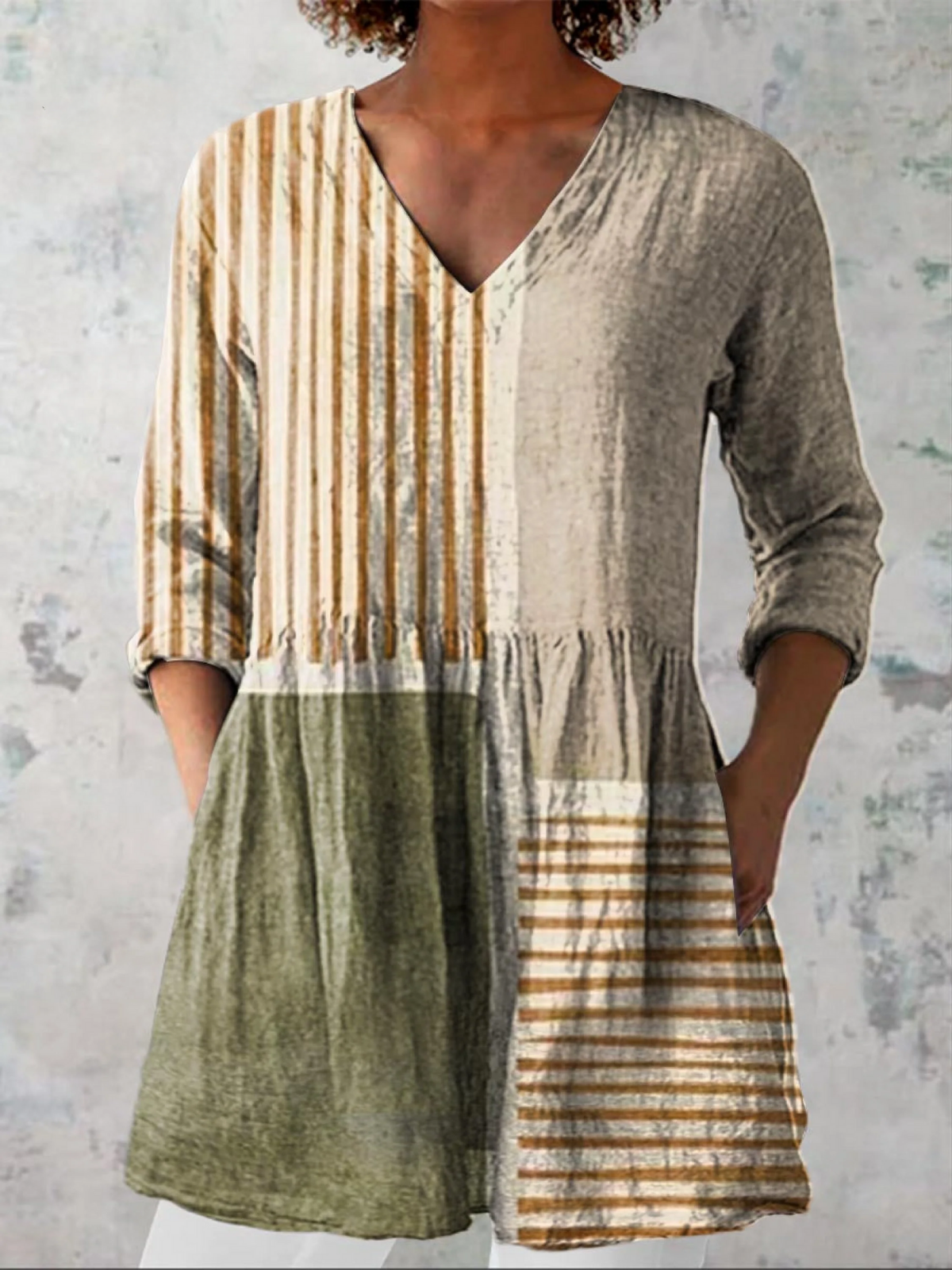 Women's Long Lightweight V-Neck Drapey Blouse Fluid Relaxed Fit