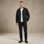 Men's black quilted jacket with front pockets and button front