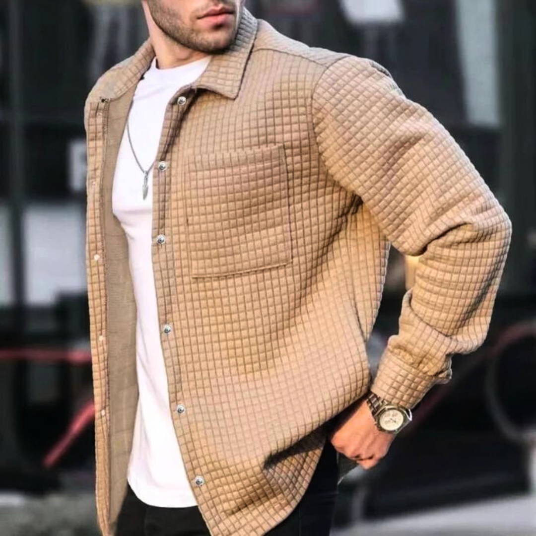 Khaki quilted casual jacket with button front and stand collar