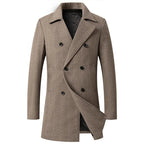 Khaki herringbone wool overcoat with double-breasted buttons and notched lapels