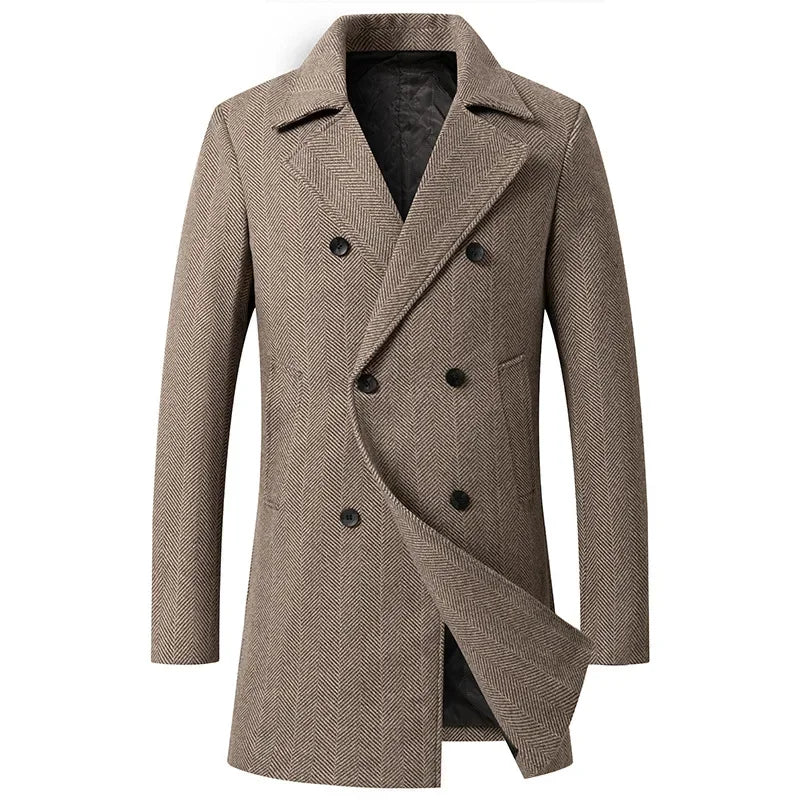 Khaki herringbone wool overcoat with double-breasted buttons and notched lapels