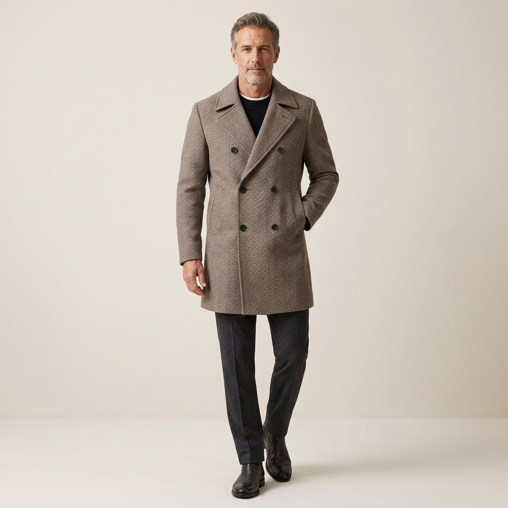 Men's grey double-breasted herringbone overcoat with structured shoulders and notch lapels
