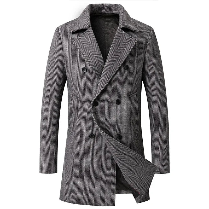 Gray herringbone wool overcoat with double-breasted front, notched lapels, and buttons