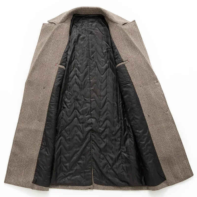Khaki wool overcoat with quilted black interior lining visible from open front